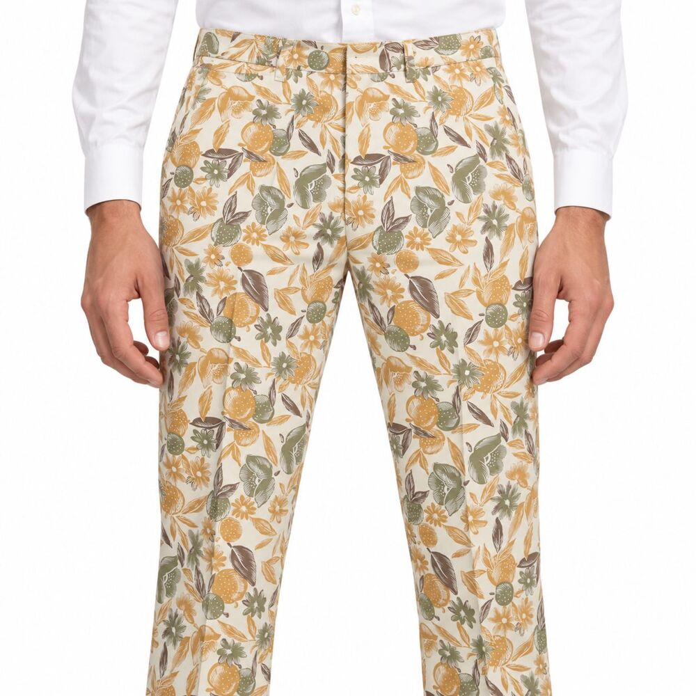 Mens 36 Cream Floral Print Cotton Slim Fit Dress Pants Handmade Trousers NWT